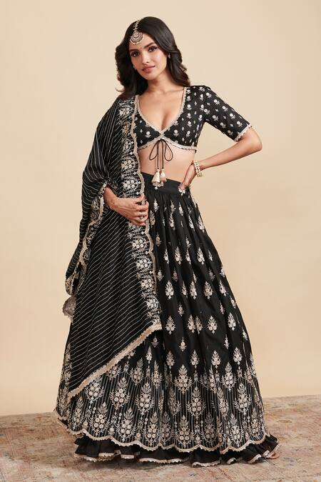 Buy Mulmul Black Vegan Silk Embroidery Zari Gota Patti And Sequin Work Lehenga Set at Aza Fashions Buy_Mulmul_Black Vegan Silk Embroidery Zari Gota Patti And Sequin Work Lehenga Set _at_Aza_Fashions