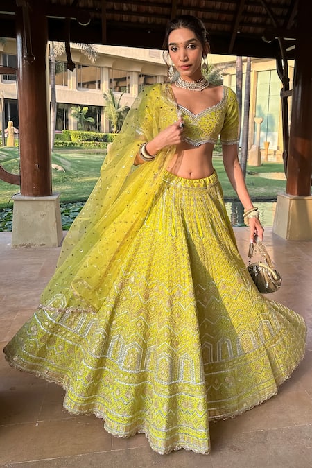 Buy Green Lehenga And Blouse Tussar Silk Embroidery Gold Leaf