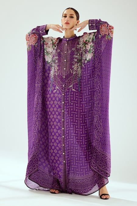 Rajdeep Ranawat Purple Silk Geometric Band Collar Dakota Floral Pattern Kaftan 