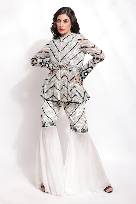 Sonali Gupta White Silk Hand Embroidered Dori Round Neck Peplum Kurta And Sharara Set  