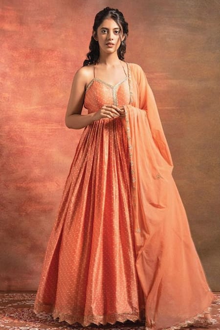 Pleats By Kaksha And Dimple_Orange Chanderi V Neck Anarkali With Dupatta_Online_at_Aza_Fashions