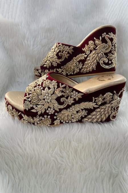 Buy Maroon Burgundy Velvet/synthetic Leather High Heel Bridal Wedges With  Zardozi Embroidery Indian Ethnic Wedding Bridal Shoes Bridal High Heel  Online in India - Etsy