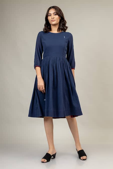 Doodlage Blue Cotton Embroidery Round Neck Luna Gathered Dress 