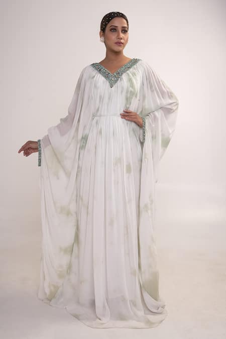 Merge Design Neckline Embroidered Kaftan With Belt 