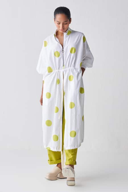 Three Green Poplin Polka Band Collar Pattern Tunic And Narrow Pant Set 