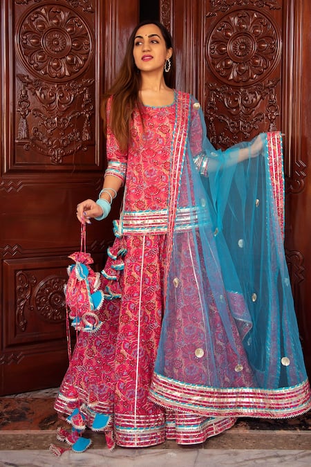 POMCHA JAIPUR Pink Kurta And Skirt Cotton Printed Floral Round Naaz Set