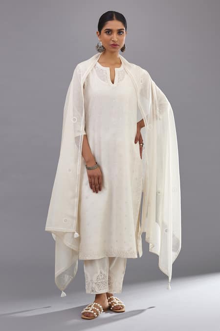 KORA Neck Embroidered Straight Kurta Pant Set 