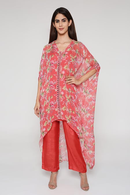 Bha sha Coral Shantoon Printed V Neck Maana Kaftan Pant Set 