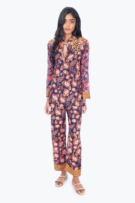 Monisha Jaising Purple Cotton Silk Printed Floral Stand Collar Batik Tunic And Pant Set 