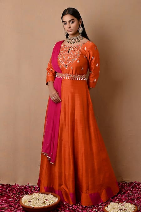 Label Nitisha Orange Raw Silk Hand Embroidered Moti Keyhole Round Yoke Anarkali With Dupatta 