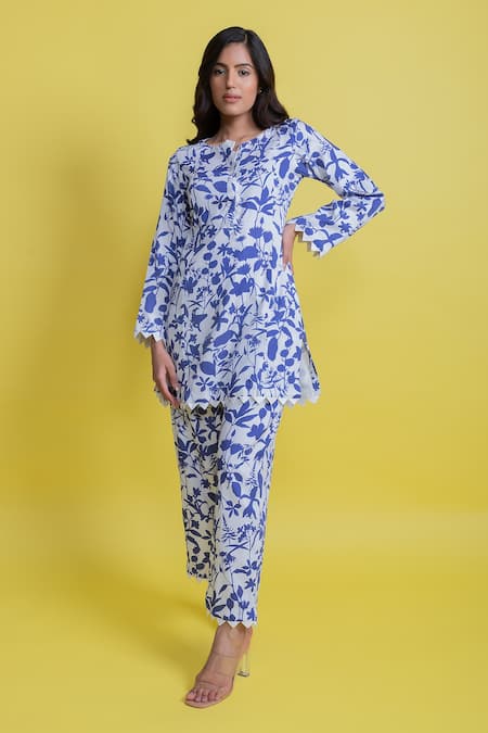 Aroop Shop India Blue Silk, Velvet Embroidery Round Neck Bella Flora Print Tunic And Pant Set 