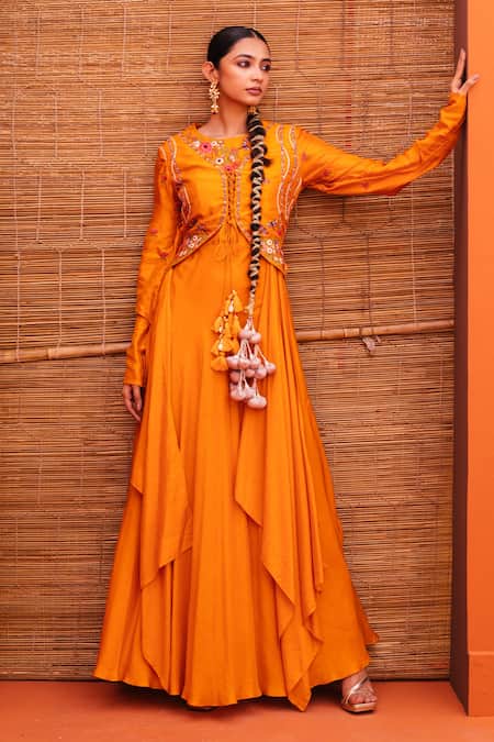 Orange Magic Silk Embroidery Work Gown