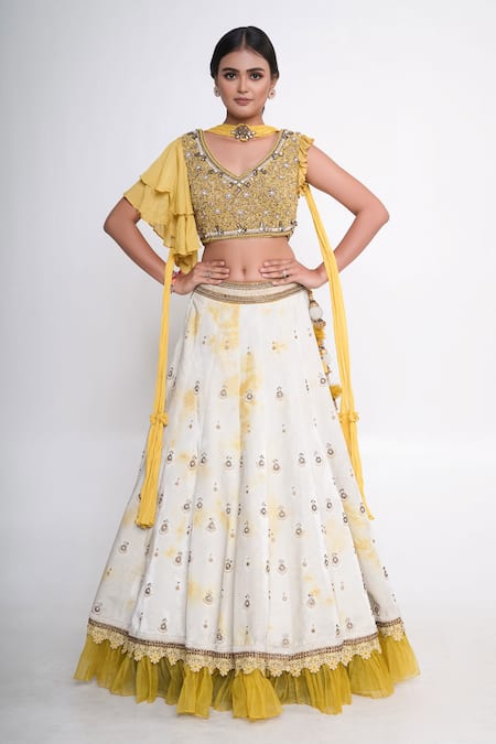 Merge Design White Velvet Embroidered Pearl V Neck Lehenga Set 