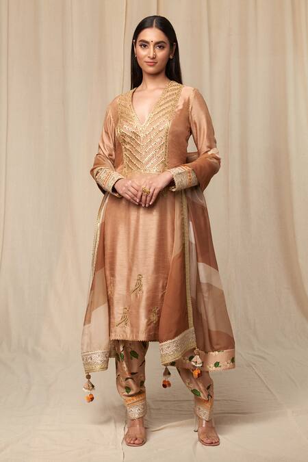 Masaba Beige Raw Silk, Organza Sorbet Stripes, Spring Oatmeal Kurta Salwar Set