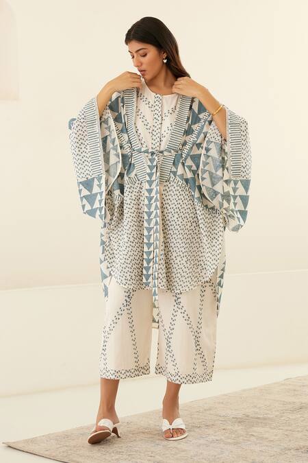 Buy_Cotton And Clay_White Silk Sequins Round Neck Geometric Hand Block Print Jumpsuit And Kimono _Online_at_Aza_Fashions