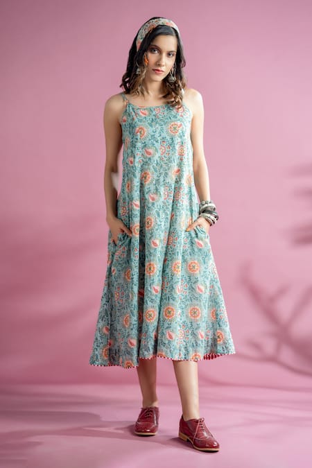 Ladies Border Print Maxi Dress - Blue