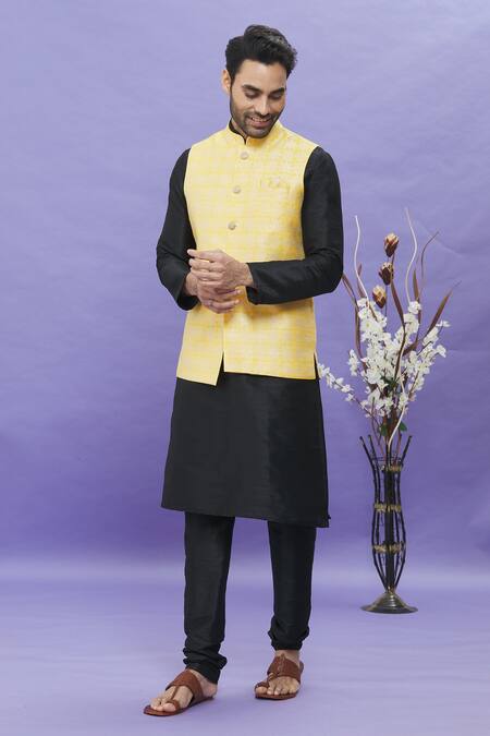 Sojanya (Since 1958) Men's Silk Blend Black Kurta Pyjama & Yellow  Nehrujacket Set