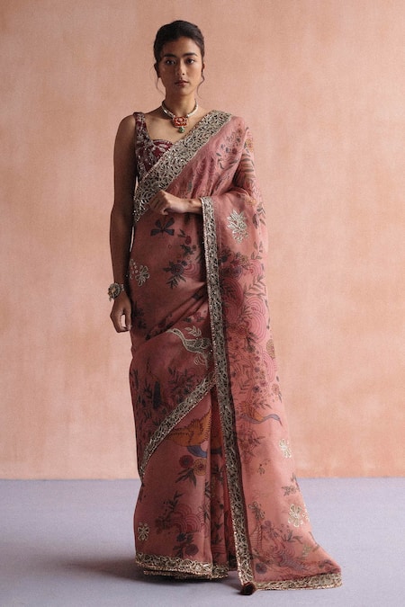 Rosewood Red Designer Embroidered Silk Wedding Saree