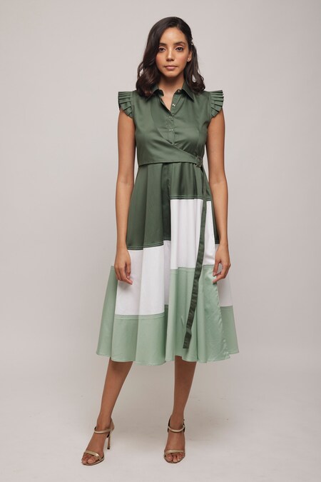 Buy Green Cotton Satin Collared Neck Pleated Sleeves Midi Dress