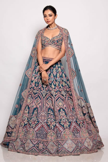 Pallavi Poddar Blue Tulle Sequins, Beads, Embroidery Asymmetric Gama Mirror Bridal Lehenga Set 