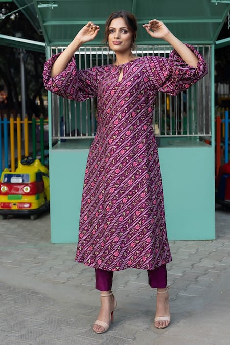 Buy PUKHYA Viscose Women's Round Neck Printed Anarkali Kurta with Trouser  Set- (Pink_Small) at Amazon.in