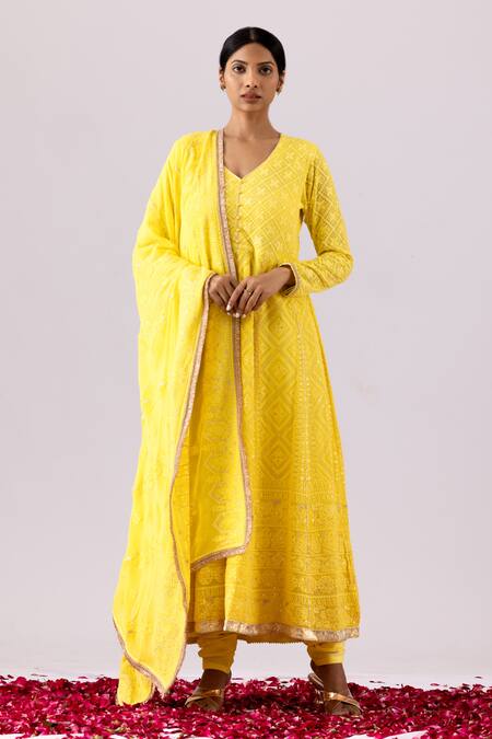 Buy Abbaran Yellow Georgette Embroidered Chikankari Thread And Sequin Work V Neck Anarkali Set at Aza Fashions Buy_Abbaran_Yellow Georgette Embroidered Chikankari Thread And Sequin Work V Neck Anarkali Set_at_Aza_Fashions