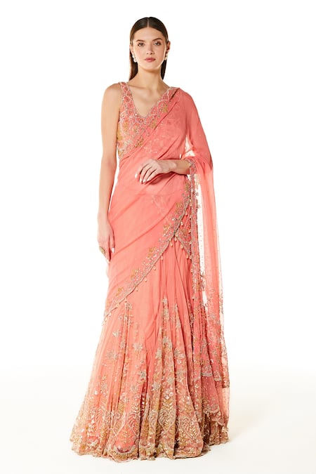 Rabani & Rakha Pink Net Embroidery Bead U Neck Adha Lehenga Saree With Blouse  