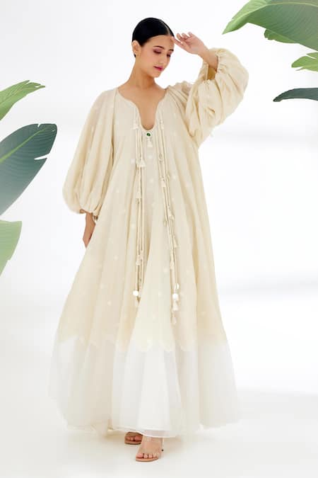 Buy Nikasha Cream Handwoven Jamdani Cotton Polka Dots, Heart Pattern And Running Stitch Dress Online at Aza Fashions Buy_Nikasha_Cream Handwoven Jamdani Cotton Polka Dots, Heart Pattern And Running Stitch Dress _Online_at_Aza_Fashions