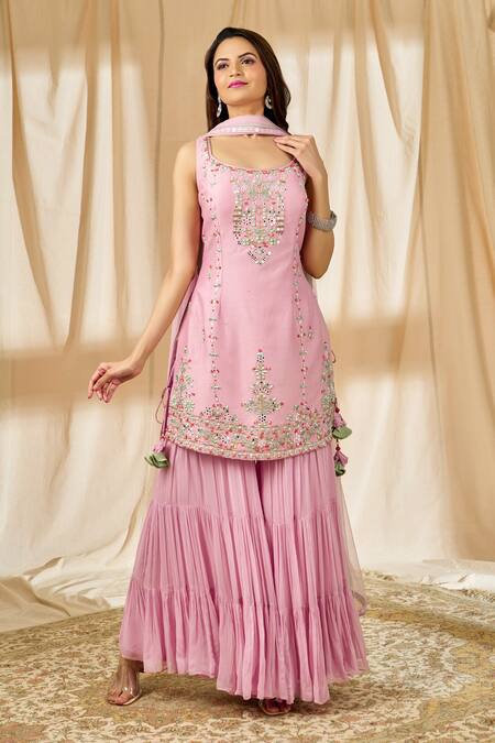 Buy_Aariyana Couture_Peach Chanderi, Georgette, Net Sequins, Beads, Cut Work, Kurta Sharara Set_Online_at_Aza_Fashions