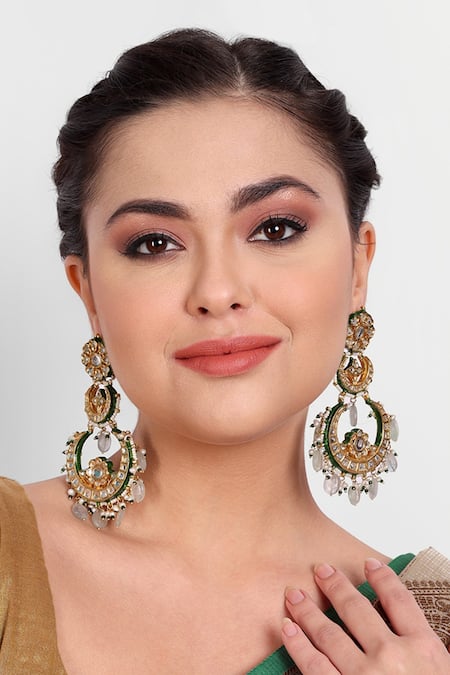 Shop Auraa Trends Green Beads, Diamonds Kundan Studded And Drop Chandbalis at Aza Fashions Shop_Auraa Trends_Green Beads, Diamonds Kundan Studded And Drop Chandbalis _at_Aza_Fashions
