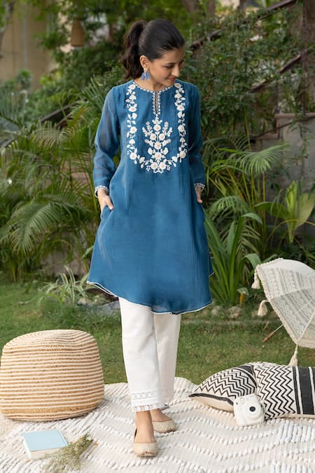 Buy Blue Silk Mul Embroidery Dori Notched Ambar Tunic For Women by