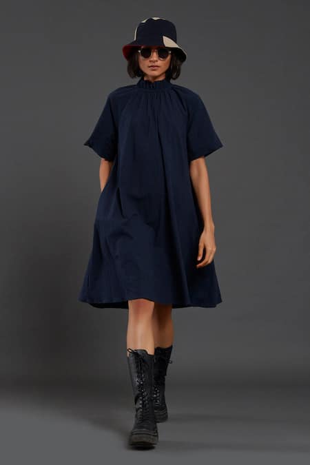 MATI_1 Blue 100% Cotton Frill Tora Neck Solid Dress