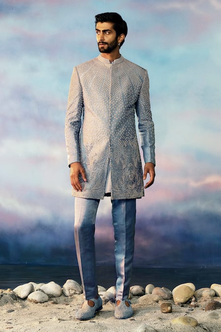 Rohit Gandhi + Rahul Khanna Blue Chanderi, Viscose Mihrab Geometric Abstract Embellished Sherwani Set 
