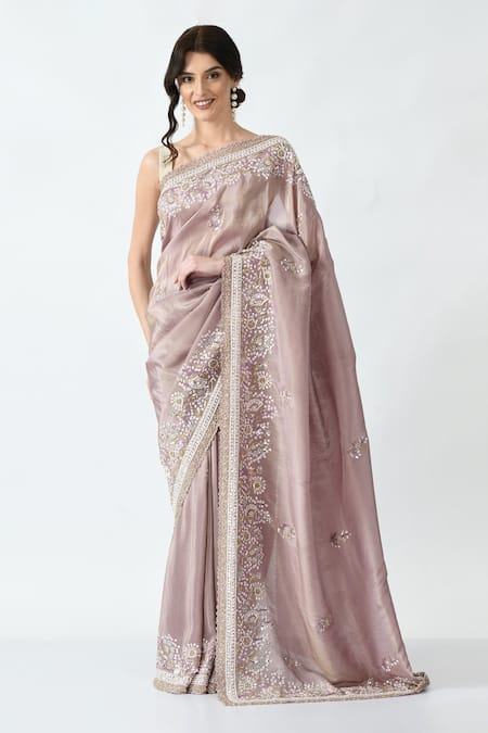 Mehar Beige Organza, Tissue Cut Work, Sequins Flower Embroidered Saree  
