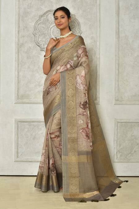 Zynah Powder Blue Floral Linen Saree - Elegant & Chic – ZynahDesign