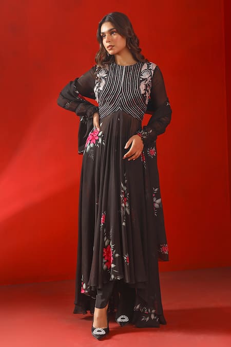 Isha Gupta Tayal Black Georgette Print Floral Round Neck Magnolia Anarkali Set 