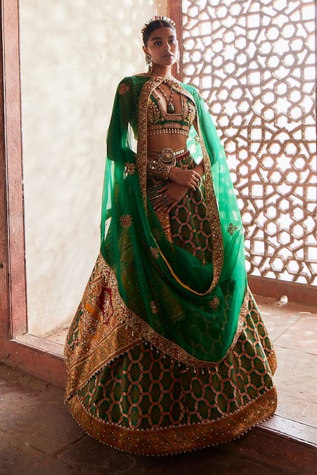 Women's Emerald Green Bandhani Banarasi Lehenga | Aditi Gupta