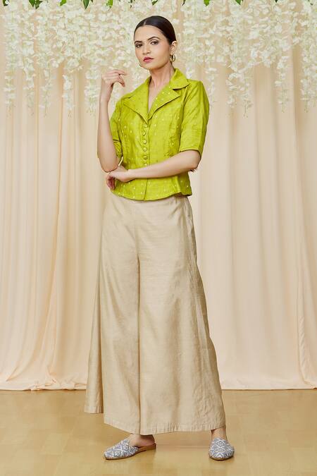 Buy Nazaakat By Samara Singh Green Chanderi Notched Geometric Pattern Top at Aza Fashions Buy_Nazaakat By Samara Singh_Green Chanderi Notched Geometric Pattern Top _at_Aza_Fashions