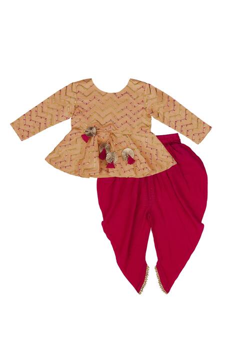 Little Stars Peach Chanderi And Muslin Embroidery Chevron Peplum Top & Dhoti Pant Set 