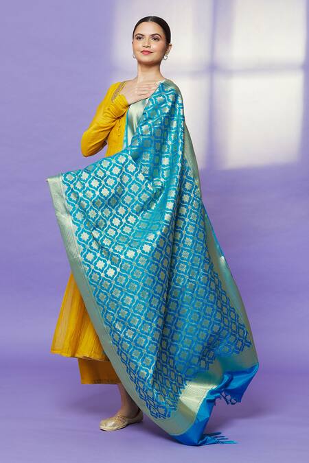 Shop_Naintara Bajaj_Blue Brocade Floral Woven Dupatta _Online_at_Aza_Fashions