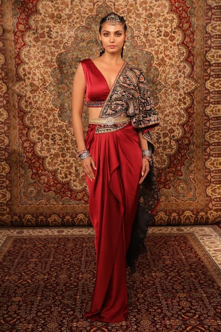 Aditi Gupta Red Satin, Lycra, Silk Embroidery V-neck Pre-draped Saree With Blouse 