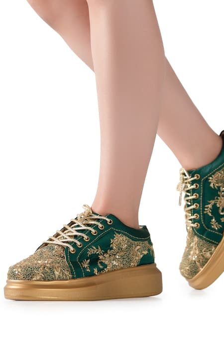 Shop Anaar Green Floral Embellished Sneakers Shop_Anaar_Green Floral Embellished Sneakers