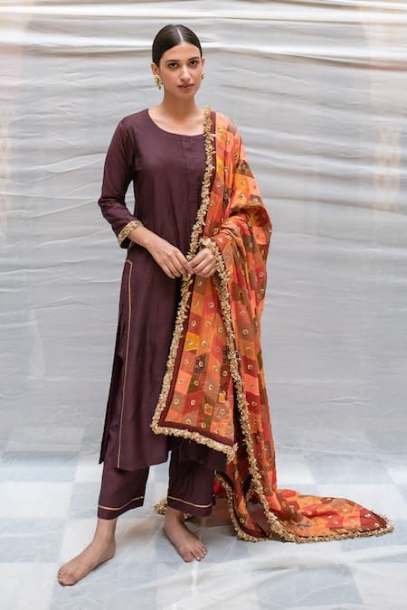 Shop_Priyanka Raajiv_Red Silk, Cotton, Tissue, Satin, Brocade, Kanti Patchwork Embroidered Dupatta _Online_at_Aza_Fashions