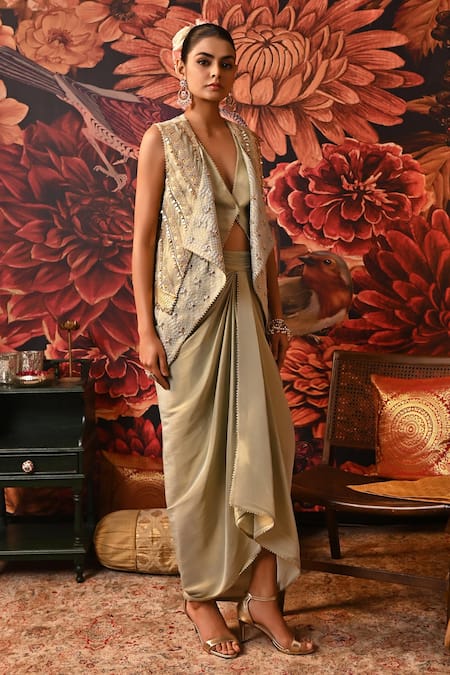 Shop_Moledro_Green Organza, Satin, Brocade Aryana Embellished Jacket Set With Draped Skirt _Online_at_Aza_Fashions