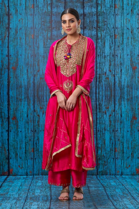 Label Niti Bothra_Pink Silk Marodi, Tikki, Zardozi Round Cutwork Sleeve Kurta And Palazzo Set _Online_at_Aza_Fashions