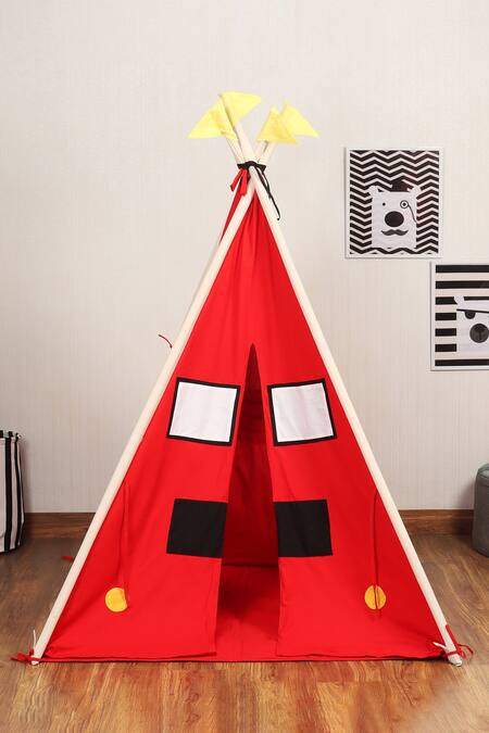 My Gift Booth Red Canvas Fire Brigade Portable Teepee Tent With Padded Mat