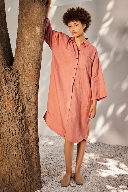 Kharakapas Pink Linen Shirt Collar Blossom Flared Sleeve Dress  