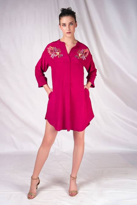 Seesa Mandarin Collar Yoke Embroidered Dress 