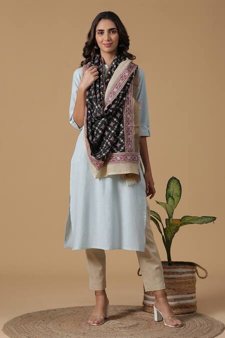 Shingora Black Woven Pure Wool Floral Embroidered Jaali Shawl 