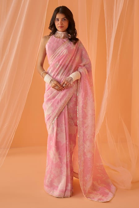 LASHKARAA Pink Chanderi Printed Floral Halter Neck Pre-draped Saree With Blouse